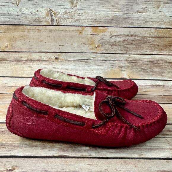 UGG Womens Metallic Glitter Red Ansley Moccasin Slippers Driving Shoes 7 - Picture 1 of 9